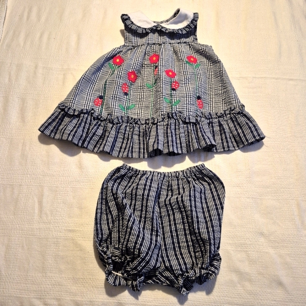 Vintage Samara girls size 3 top with bubble shorts, gingham with flowers VGUC